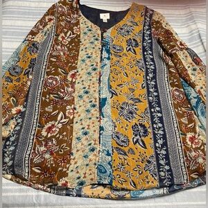 Dress Barn vintage boho look faux patchwork long sleeve top.